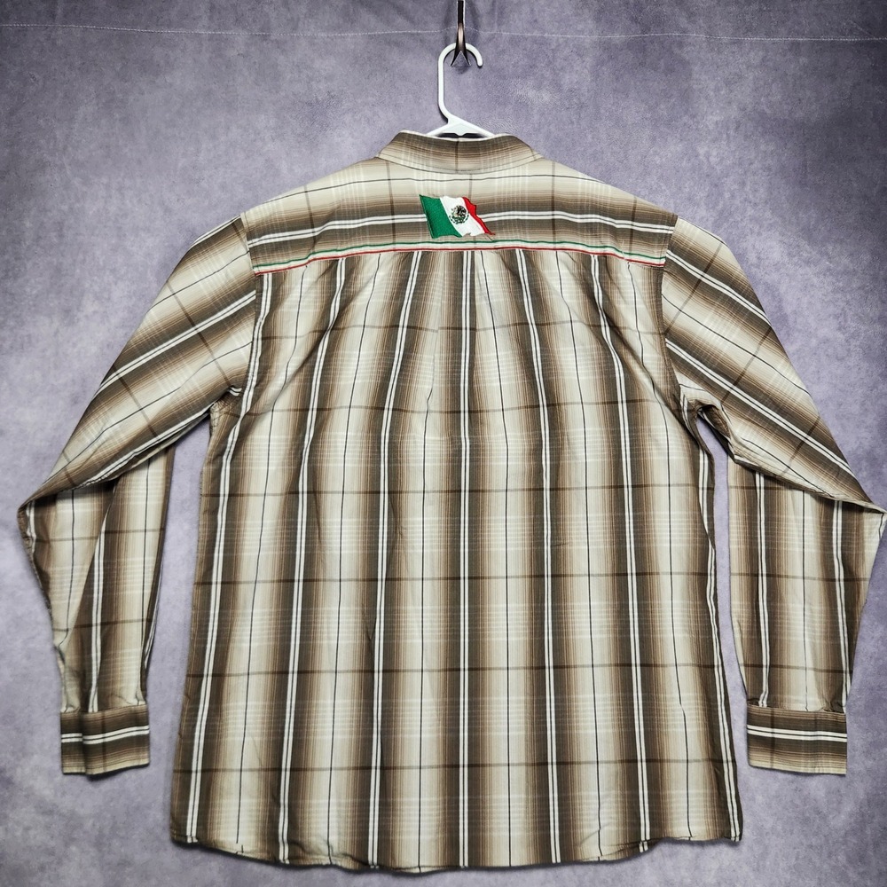 Cowboy Hardware Mens XL Brown Plaid Western Shirt Mexico Flag Embroidery